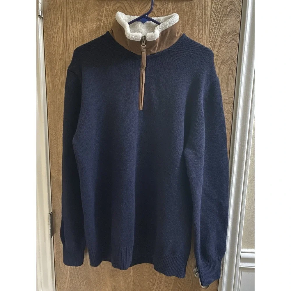 Orvis Men's Navy Blue Lambs Wool Pullover Sweater Suede Sherpa Collar 1/4 Zip M